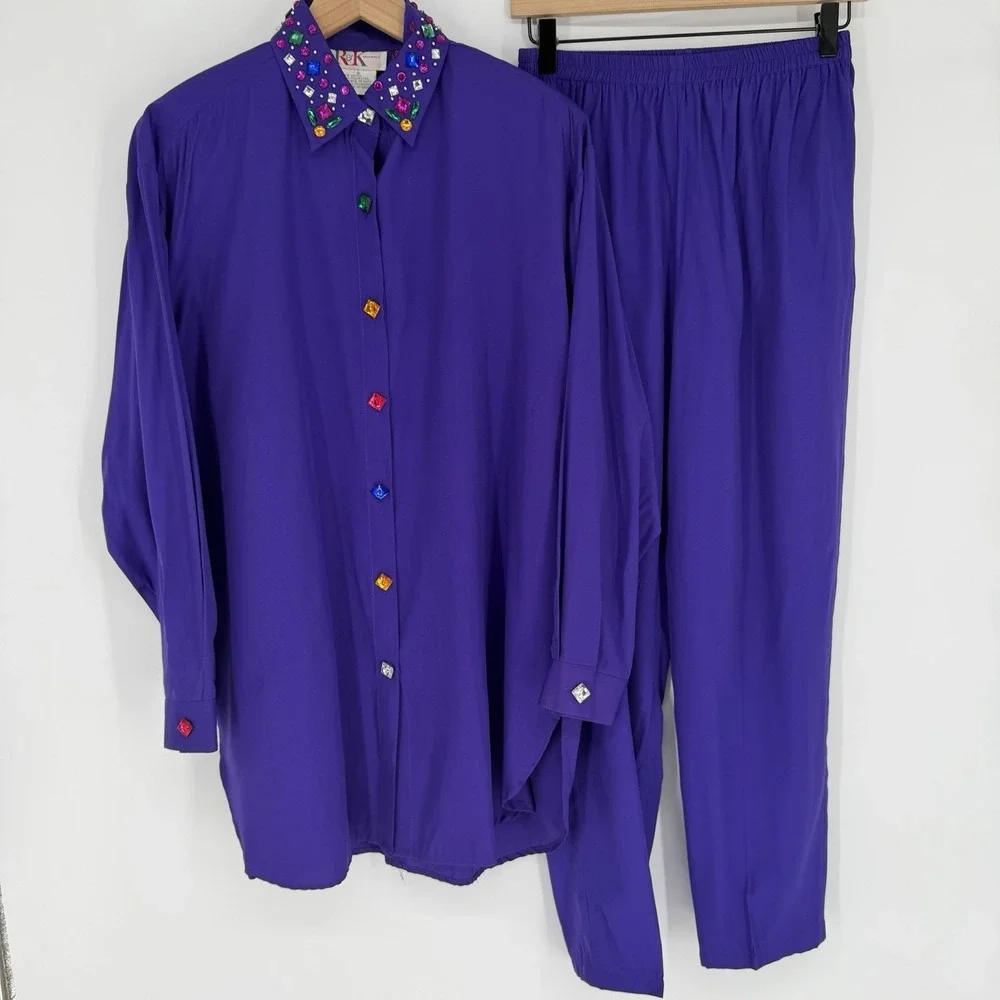 VTG 80s R&K Originals Purple Pant Set SZ 8 Jeweled Button‎ Down Tunic Blouse 2pc